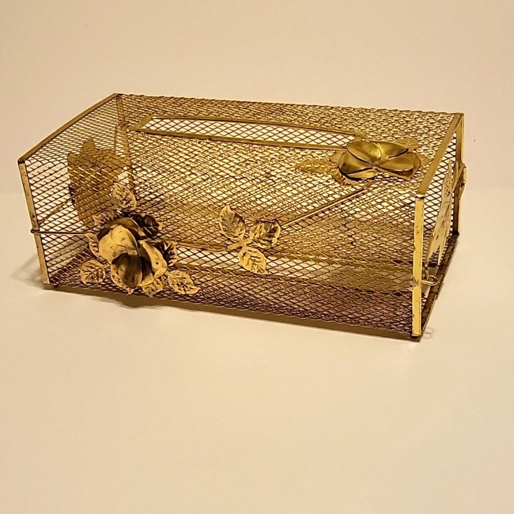 Gold Rose Vintage Metal Tissue Kleenex Holder Retro Storage